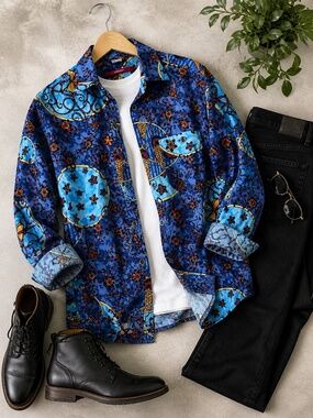 Signum Blue Abstract Floral Button Up Shirt Men’s M Bold Pattern European Style